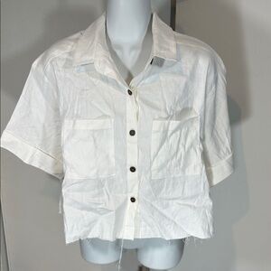Small SHORE White Cropped Button-Up Shirt raw hem linen blend NEW pockets